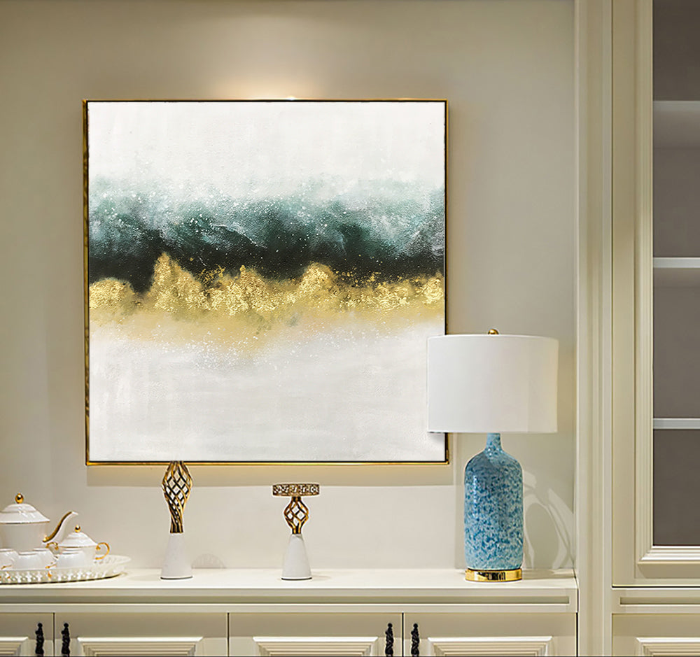 Elegant Abstract Oil Painting with Gold and Teal Waves