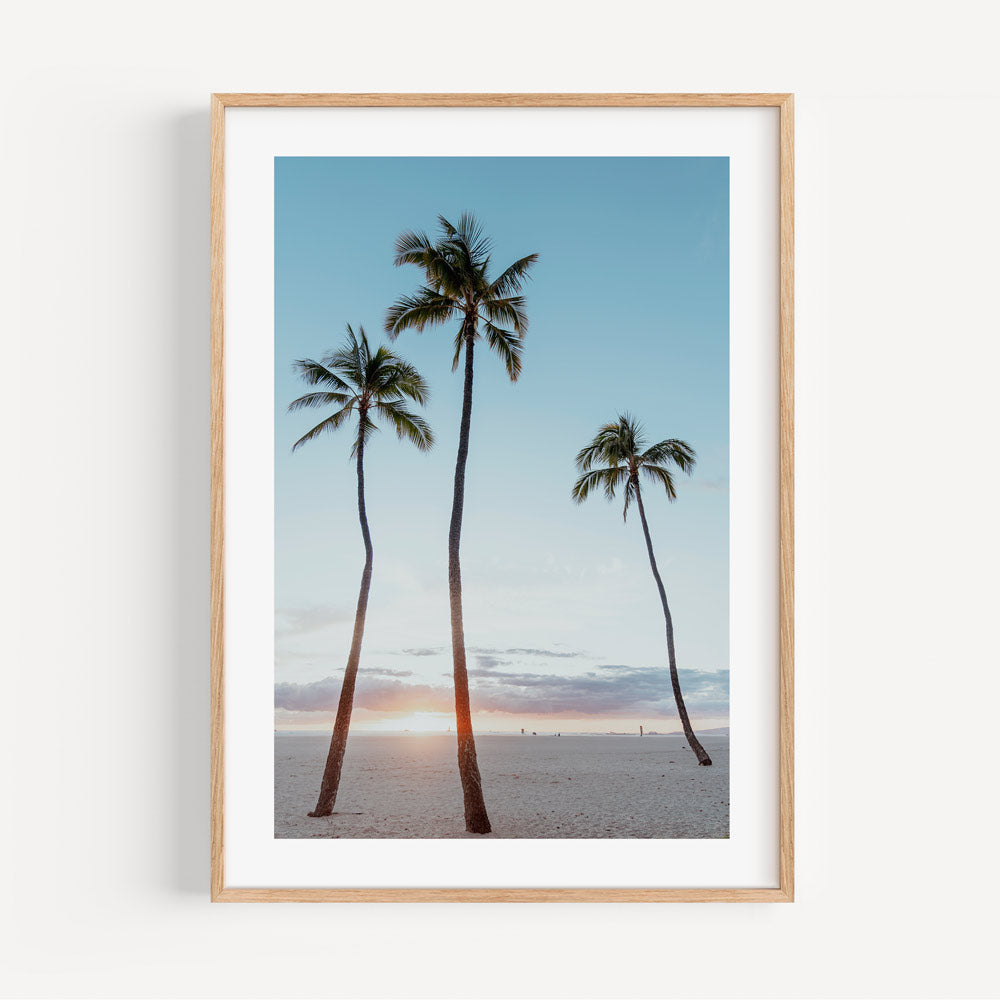 Tropical Evening Glow: Serene Waikiki Sunset Oil Painting with Palms and Ocean Breeze
