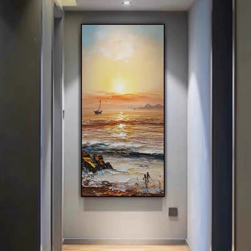 Serene Coastal Sunset Oil Painting with Sailing Boat and Gentle Waves