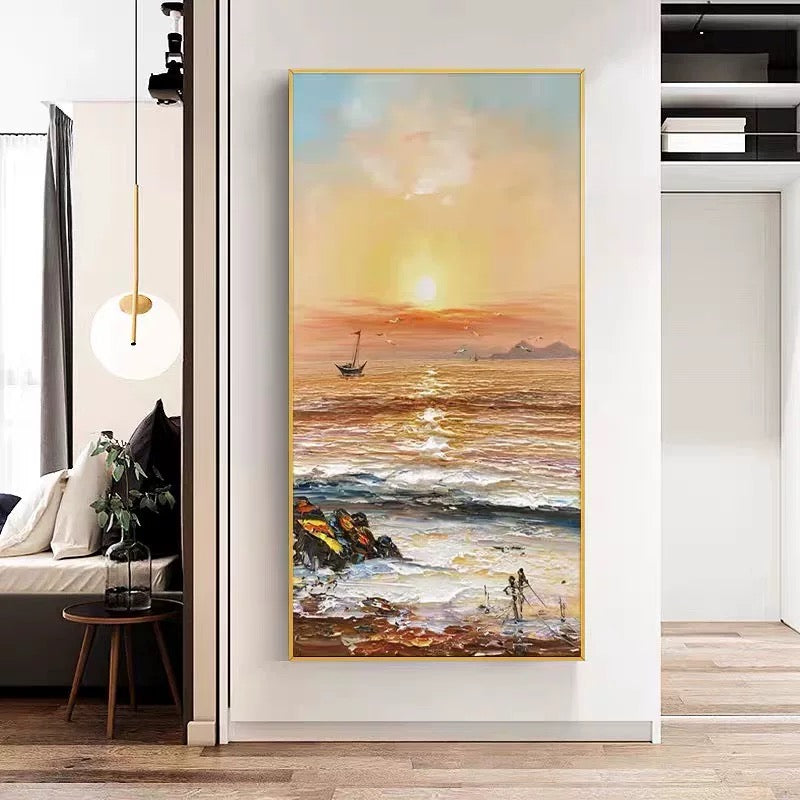 Serene Coastal Sunset Oil Painting with Sailing Boat and Gentle Waves