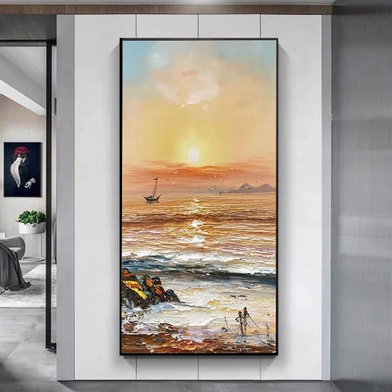Serene Coastal Sunset Oil Painting with Sailing Boat and Gentle Waves