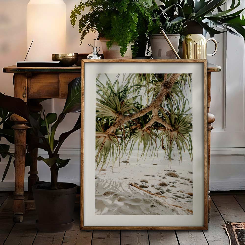 Coastal Serenity: Pristine Beach and Pandanus Oil Painting