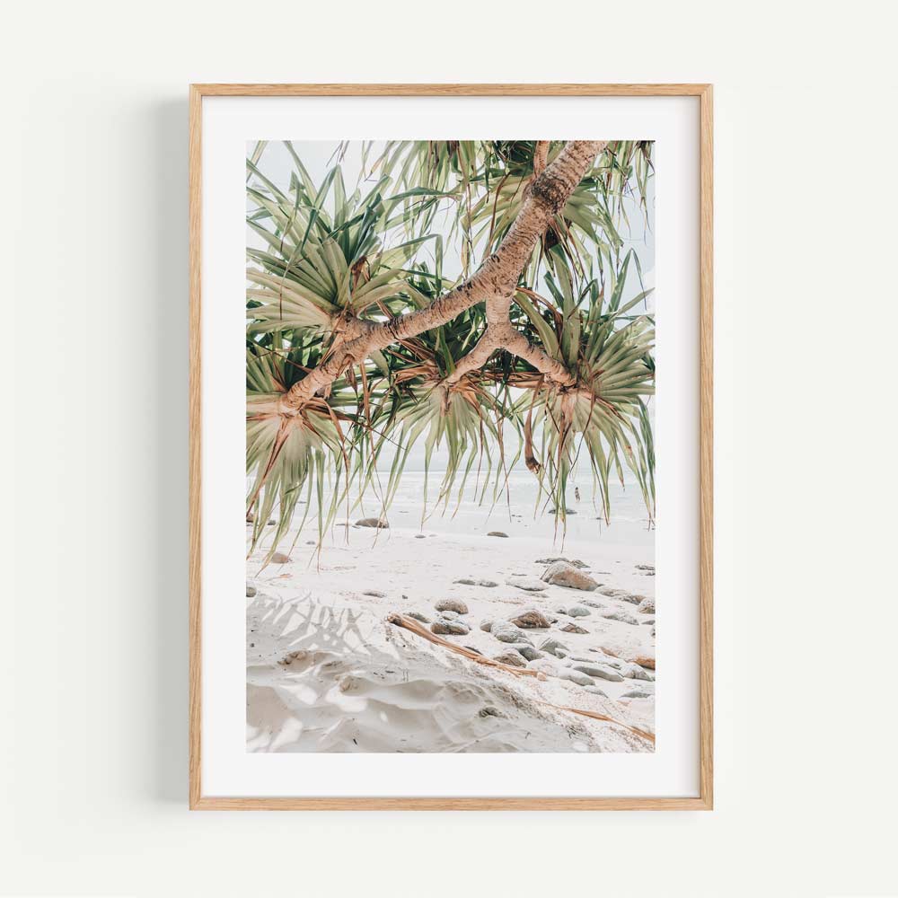Coastal Serenity: Pristine Beach and Pandanus Oil Painting