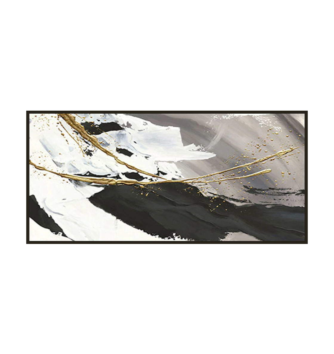 Elegant Abstract Oil Painting of Ocean Waves in Black, White, and Gold Accents