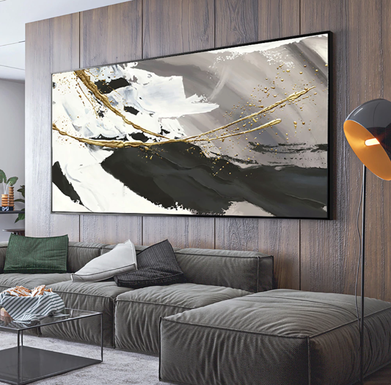 Elegant Abstract Oil Painting of Ocean Waves in Black, White, and Gold Accents