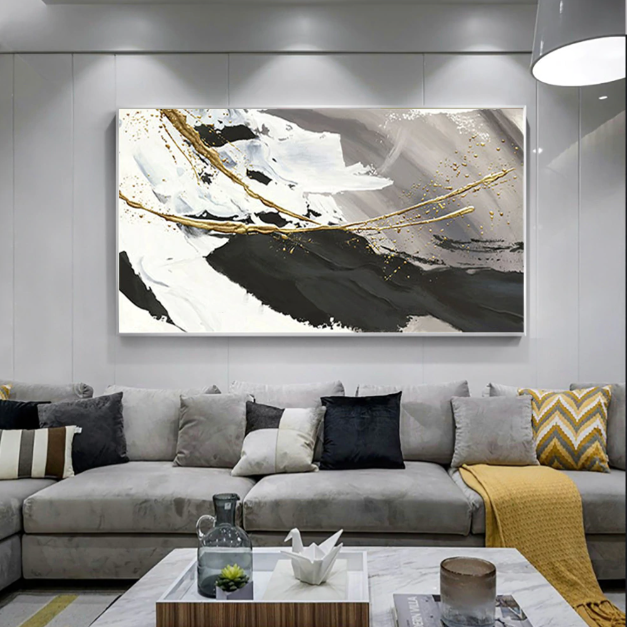 Elegant Abstract Oil Painting of Ocean Waves in Black, White, and Gold Accents