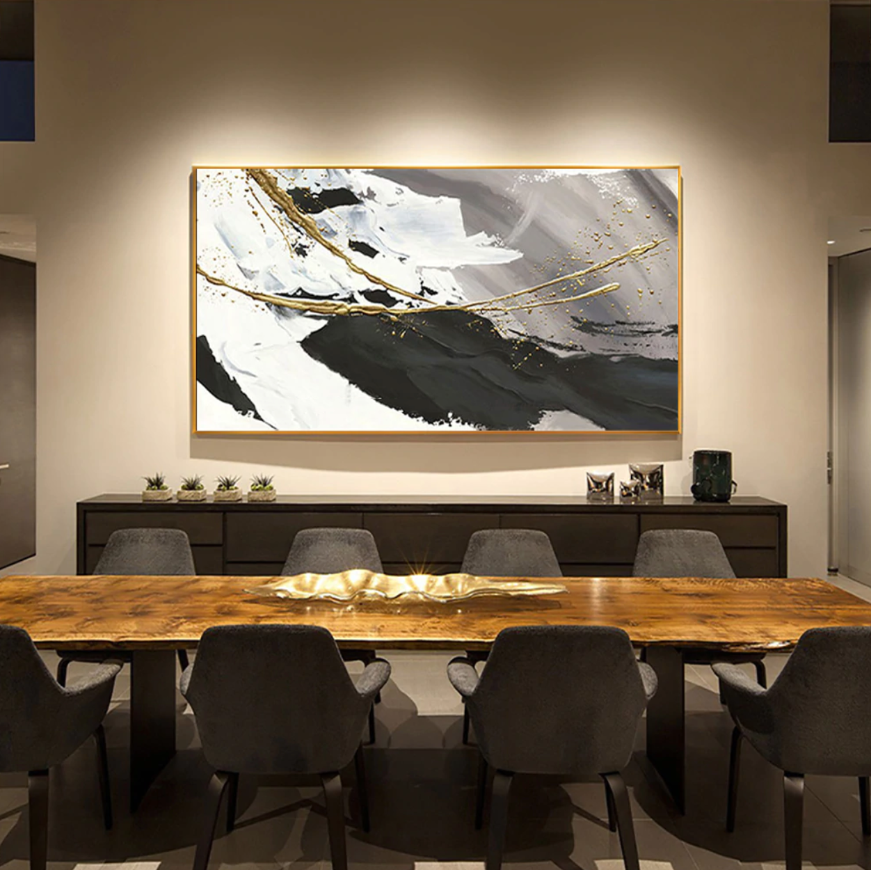 Elegant Abstract Oil Painting of Ocean Waves in Black, White, and Gold Accents