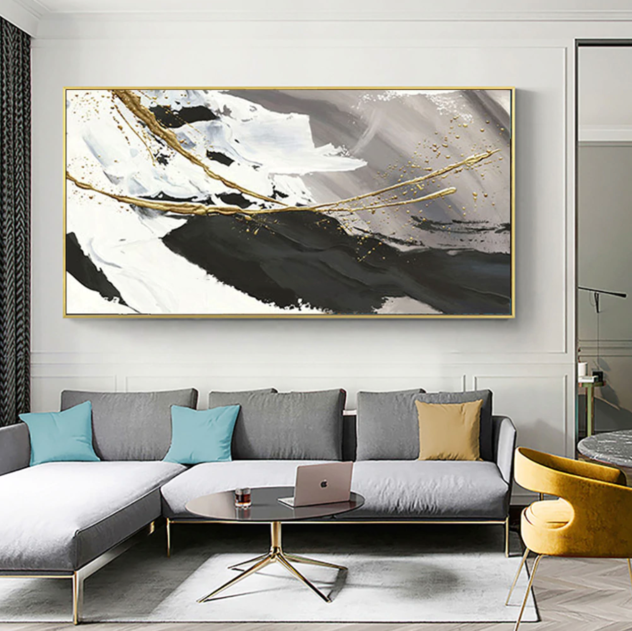 Elegant Abstract Oil Painting of Ocean Waves in Black, White, and Gold Accents