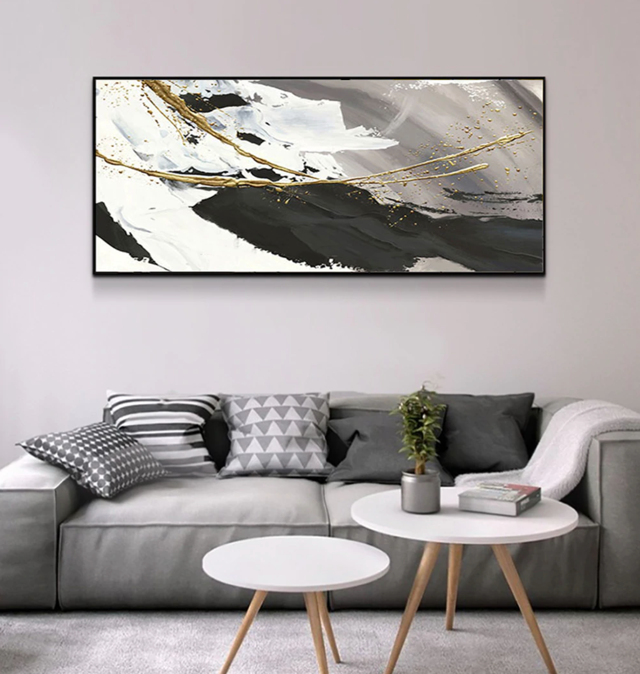 Elegant Abstract Oil Painting of Ocean Waves in Black, White, and Gold Accents