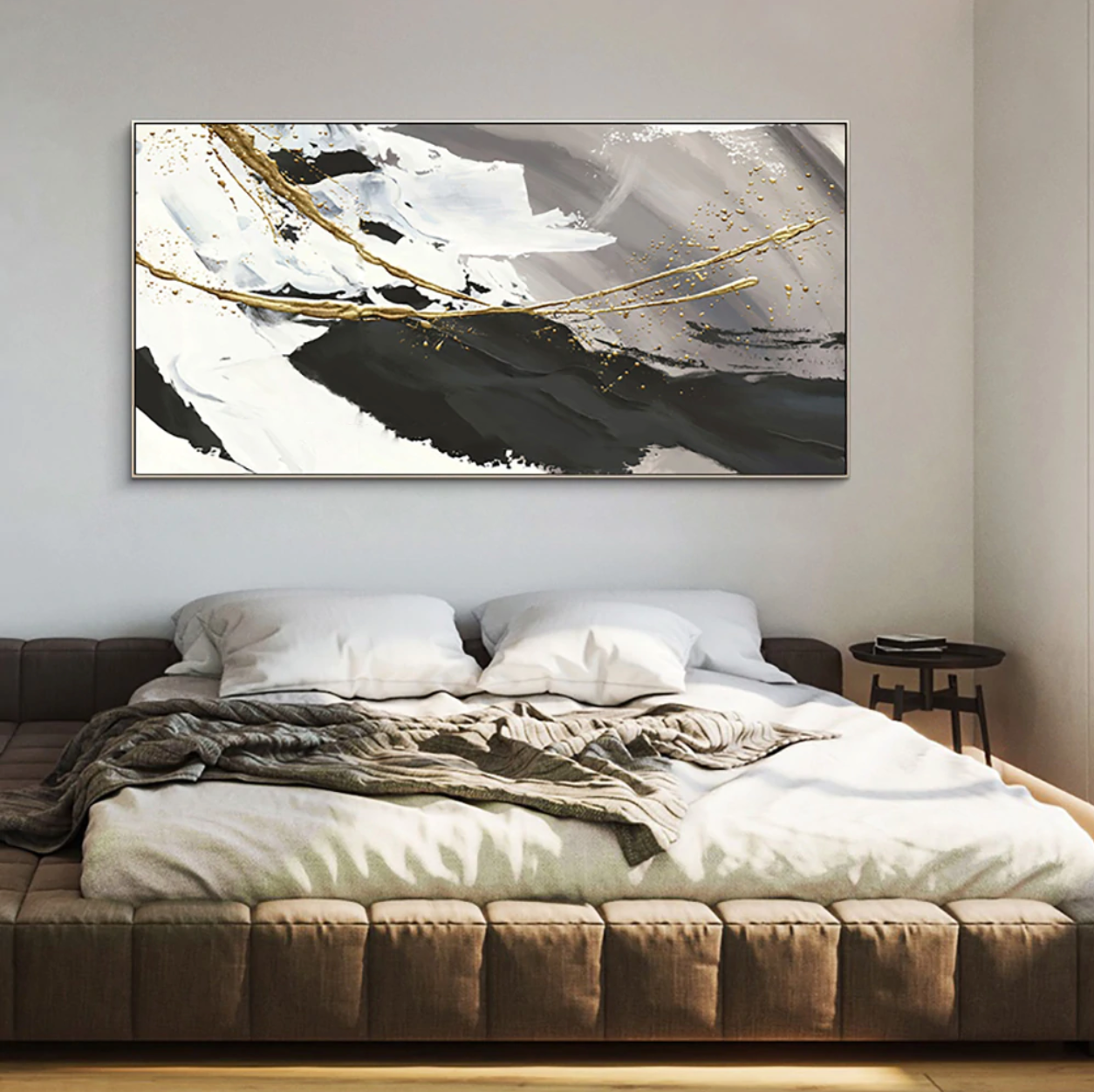 Elegant Abstract Oil Painting of Ocean Waves in Black, White, and Gold Accents