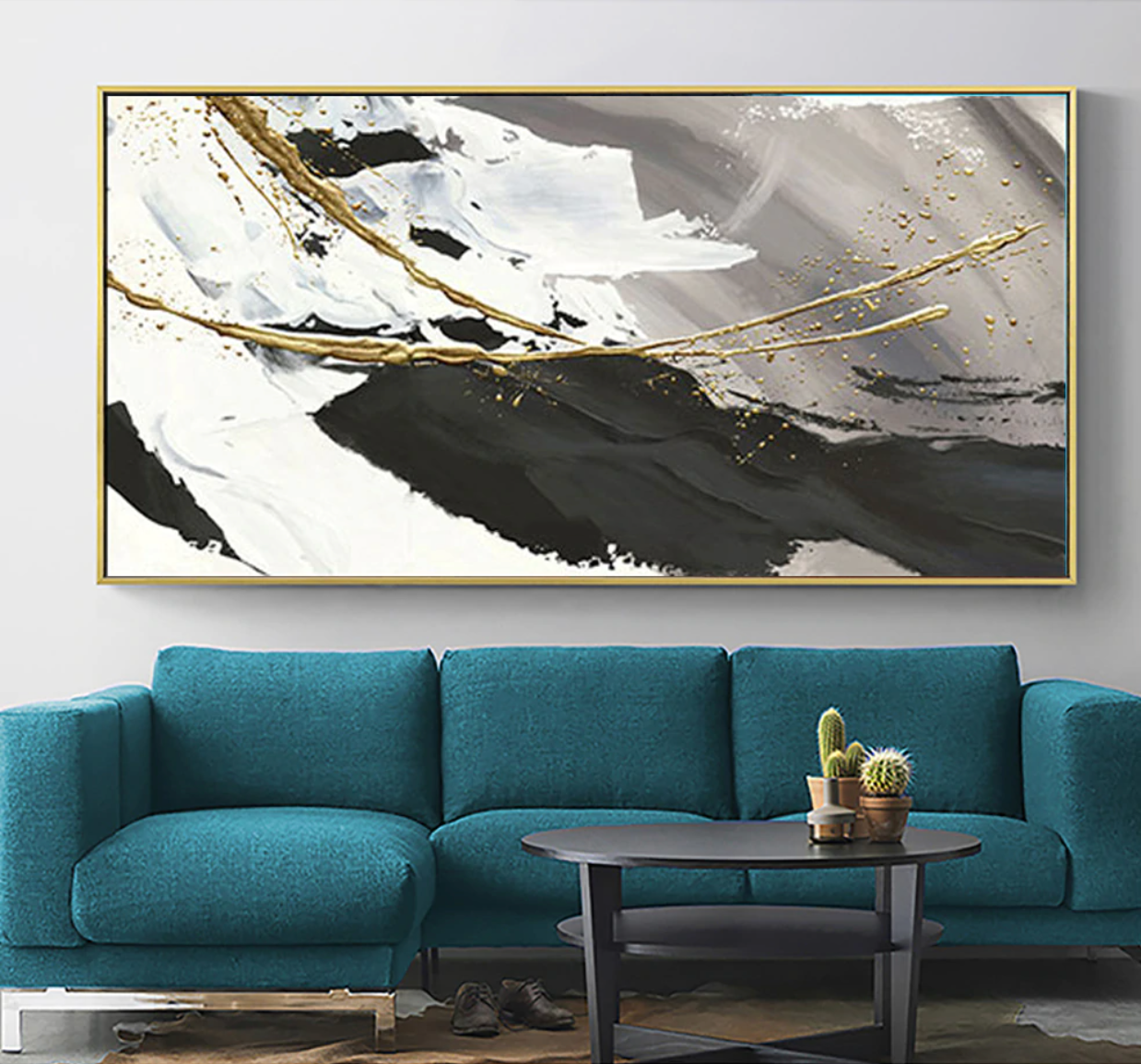 Elegant Abstract Oil Painting of Ocean Waves in Black, White, and Gold Accents