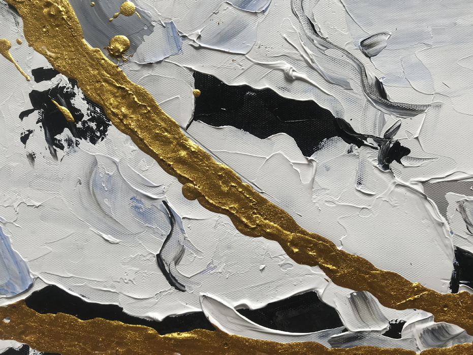Elegant Abstract Oil Painting of Ocean Waves in Black, White, and Gold Accents