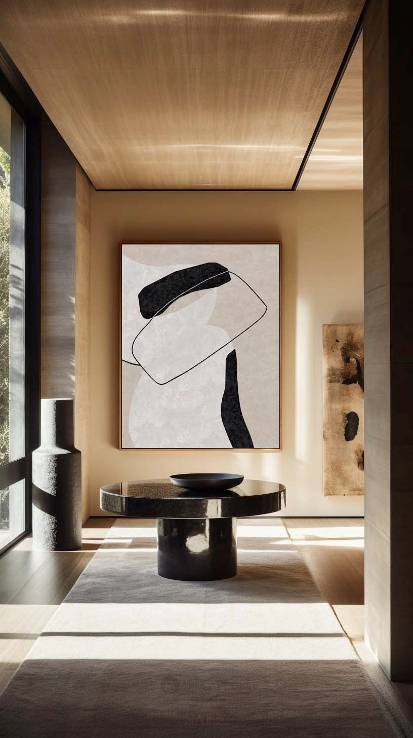 Contemporary Minimalist Oil Painting with Abstract Black and White Design