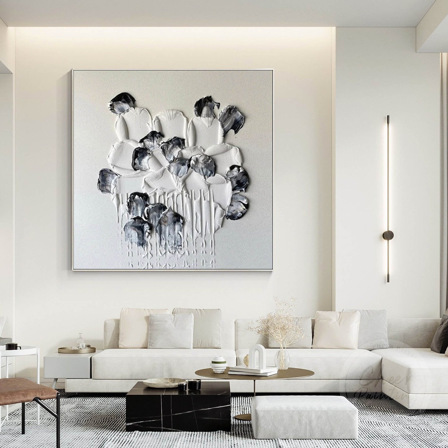 Elegant Minimalist Black and White Flower Oil Painting for Modern Decor