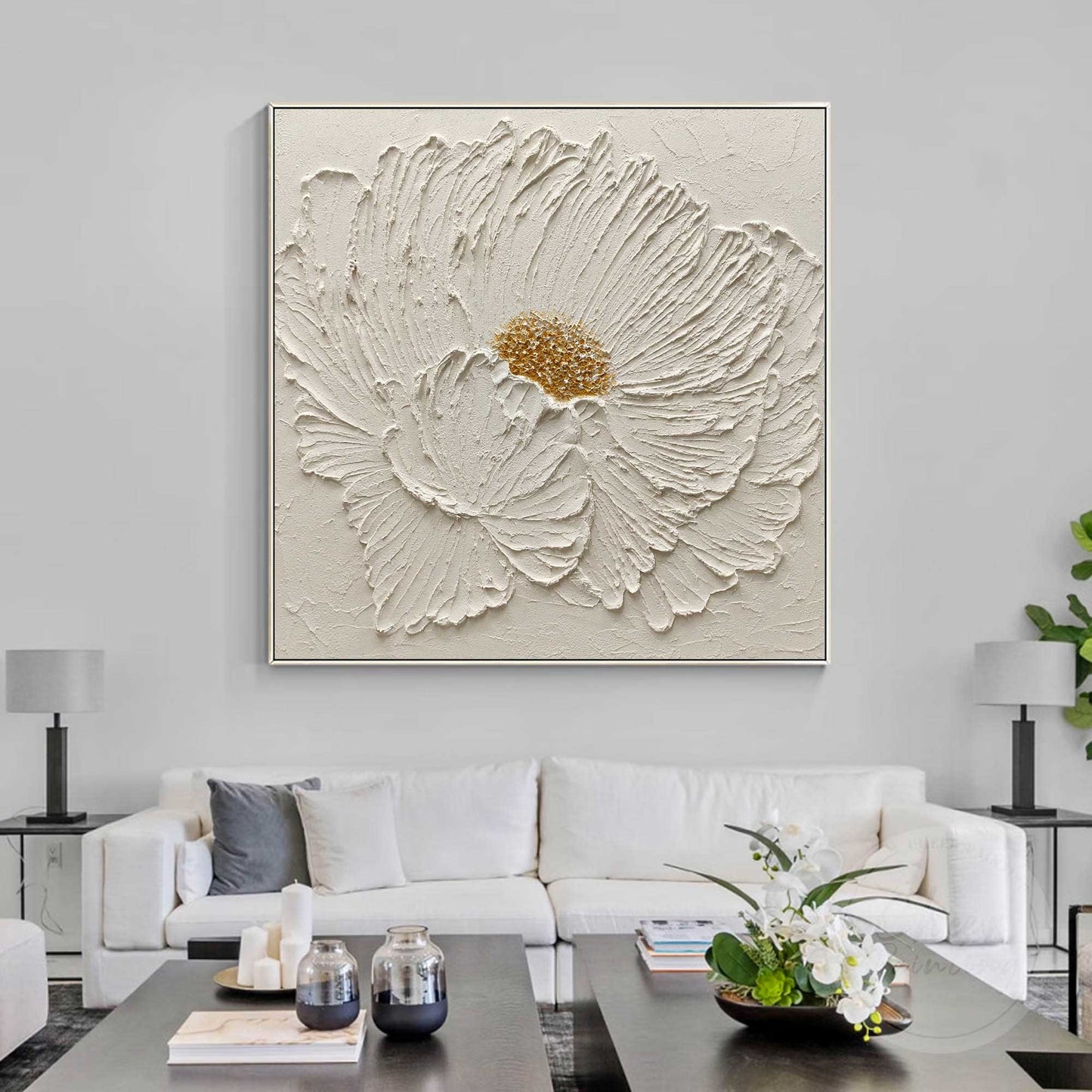 Elegant Minimalist White Flower Oil Painting for Modern Home Décor