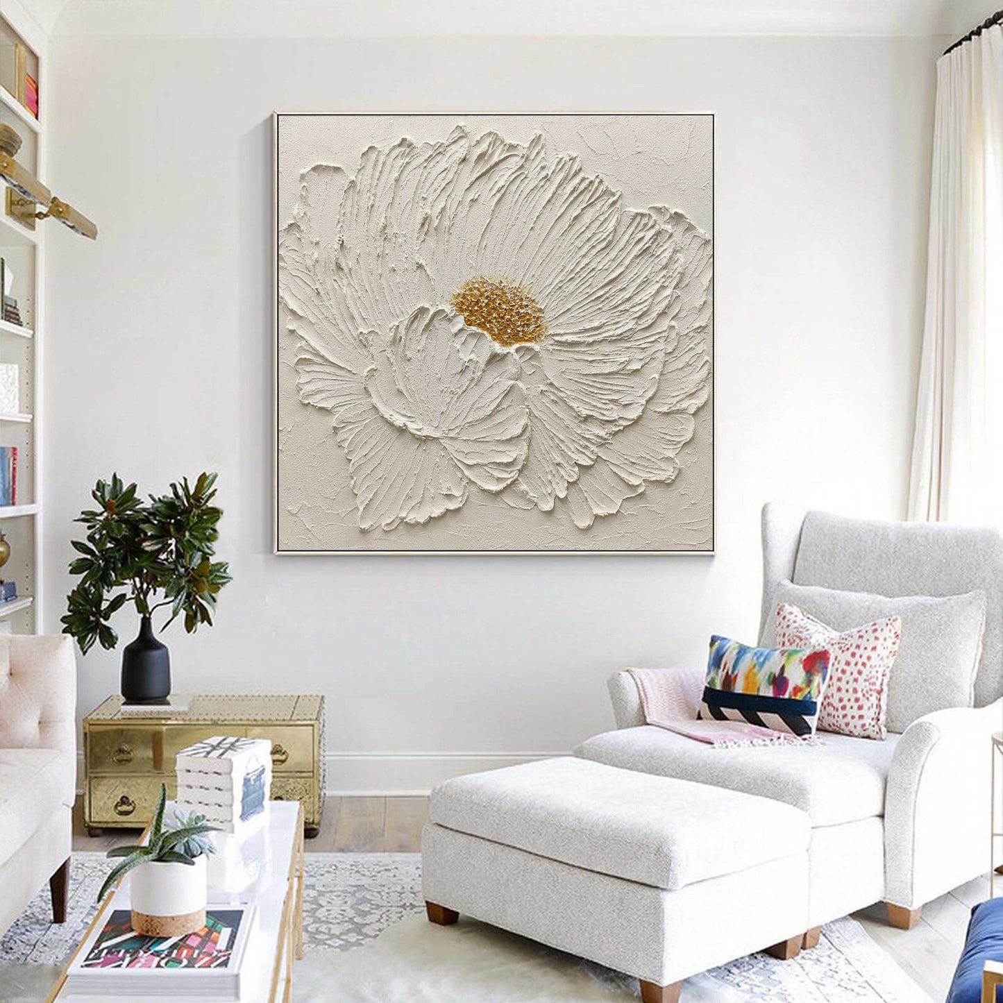 Elegant Minimalist White Flower Oil Painting for Modern Home Décor