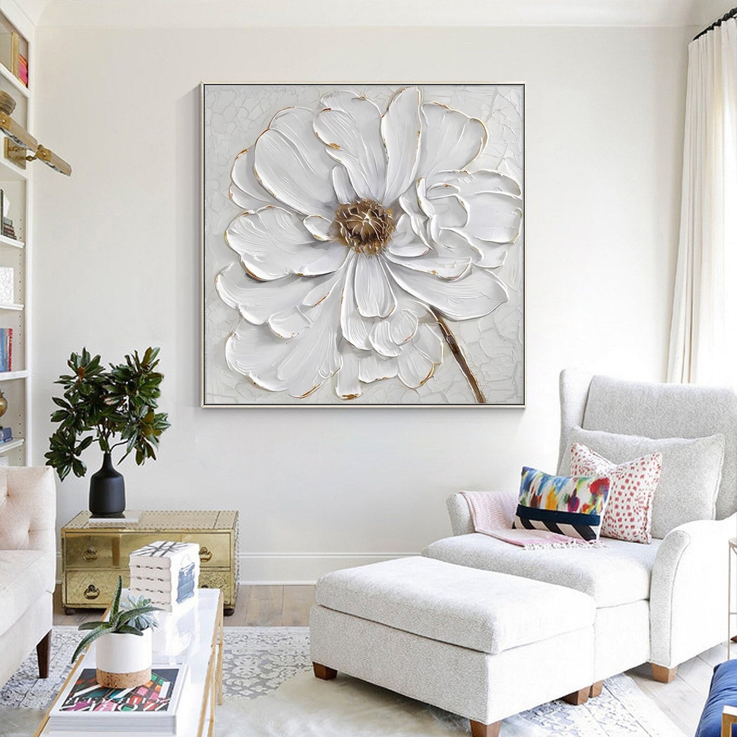 Elegant Minimalist White Flower Oil Painting for Modern Home Decor