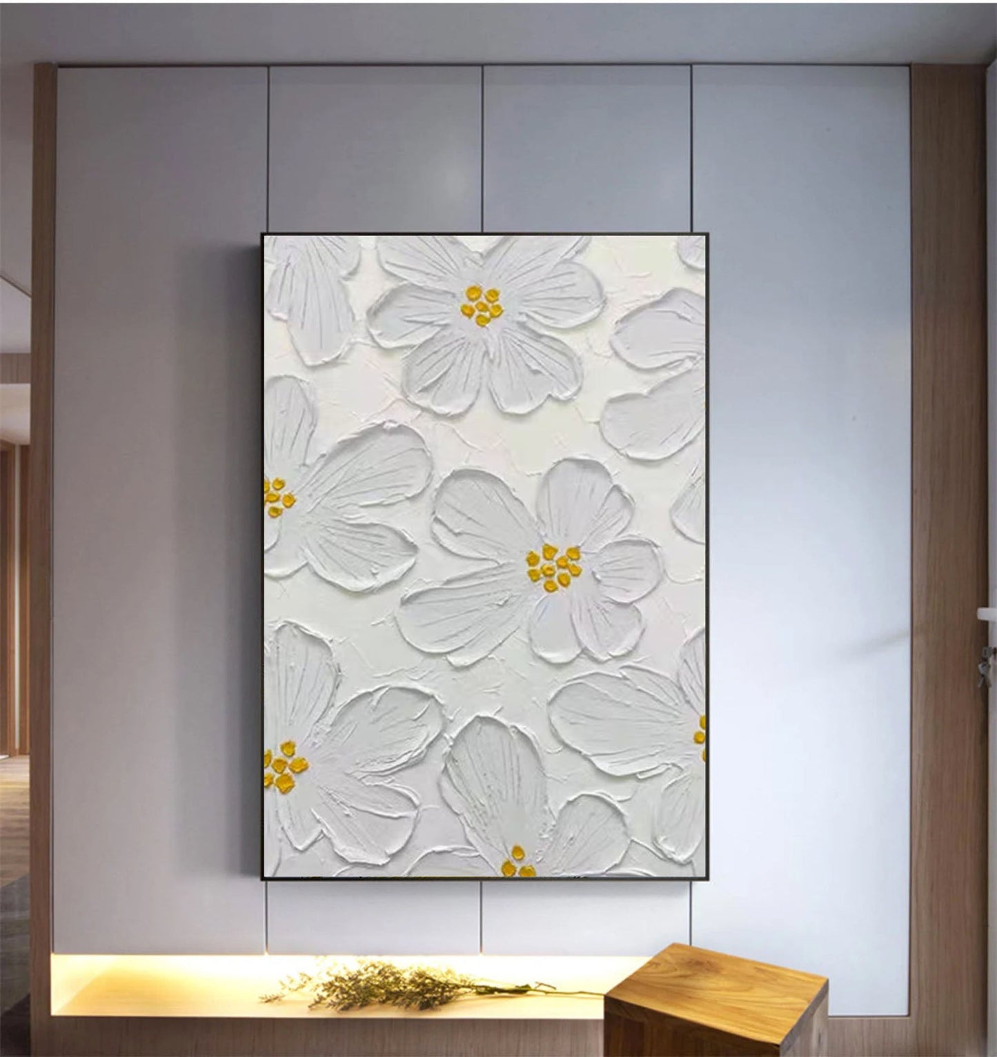 Elegant White Floral Oil Painting for Minimalist Home Decor