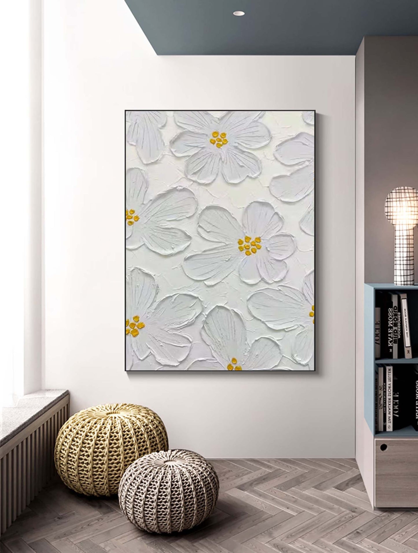 Elegant White Floral Oil Painting for Minimalist Home Decor