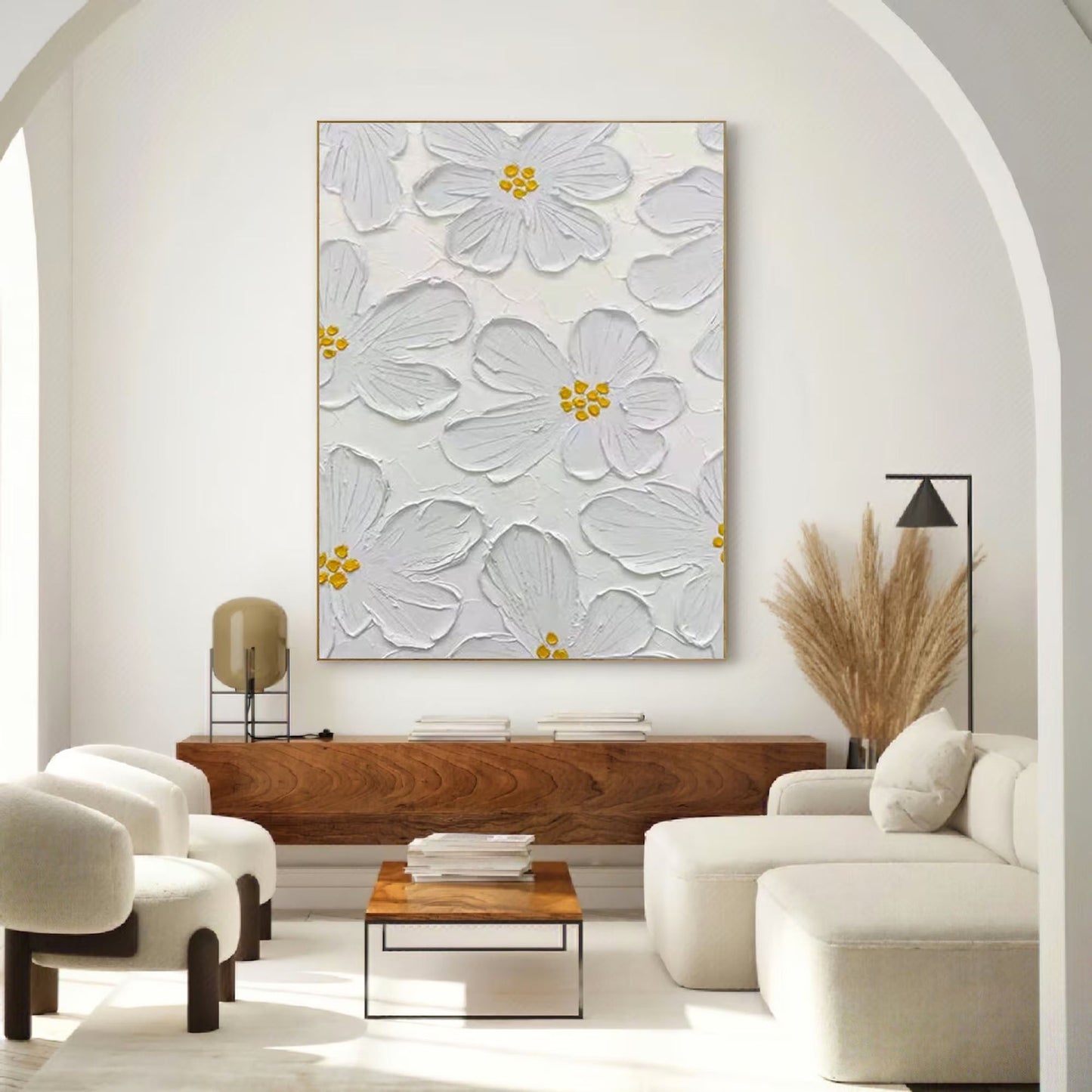 Elegant White Floral Oil Painting for Minimalist Home Decor