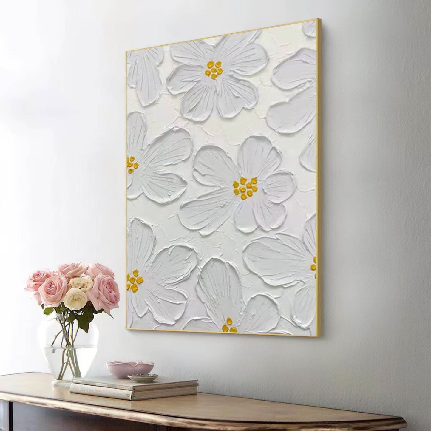 Elegant White Floral Oil Painting for Minimalist Home Decor