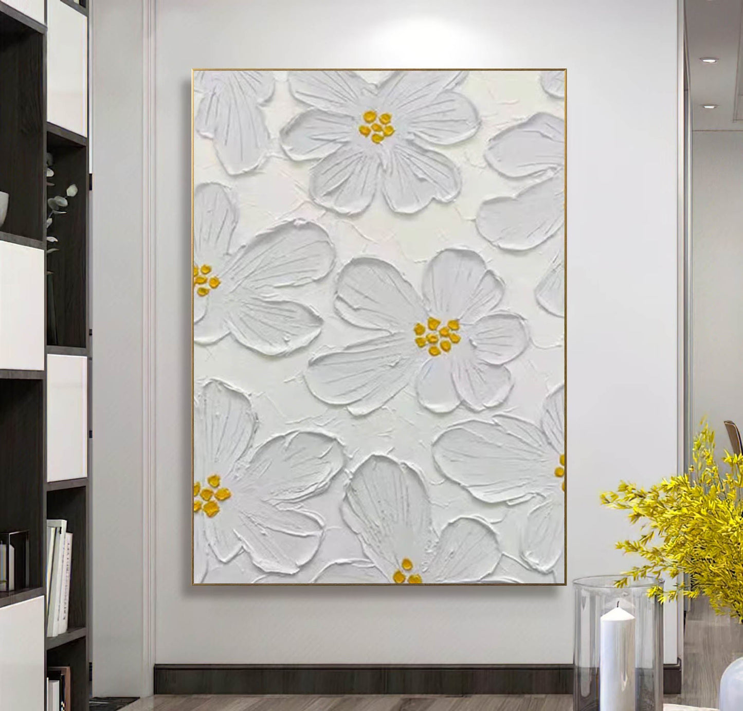 Elegant White Floral Oil Painting for Minimalist Home Decor