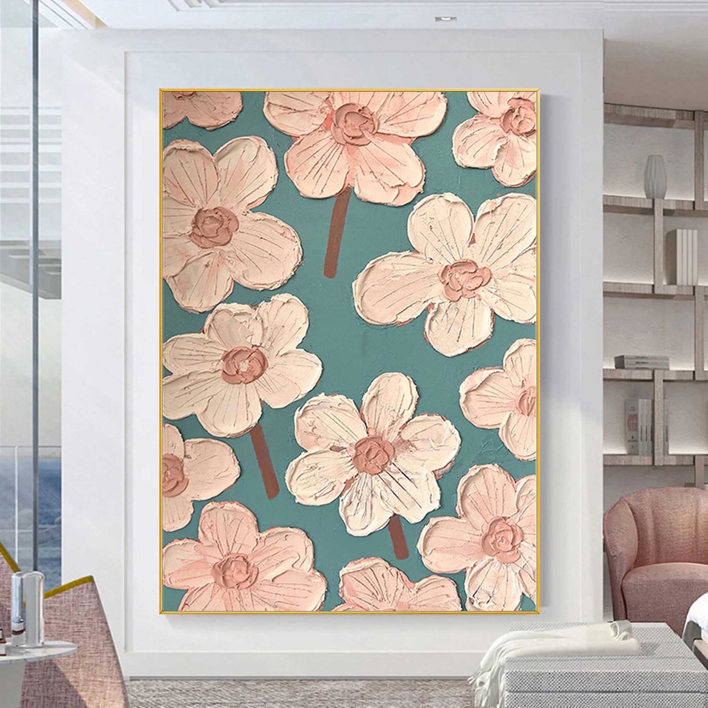 Charming Pink Floral Abstract Oil Painting for Modern Home Decor