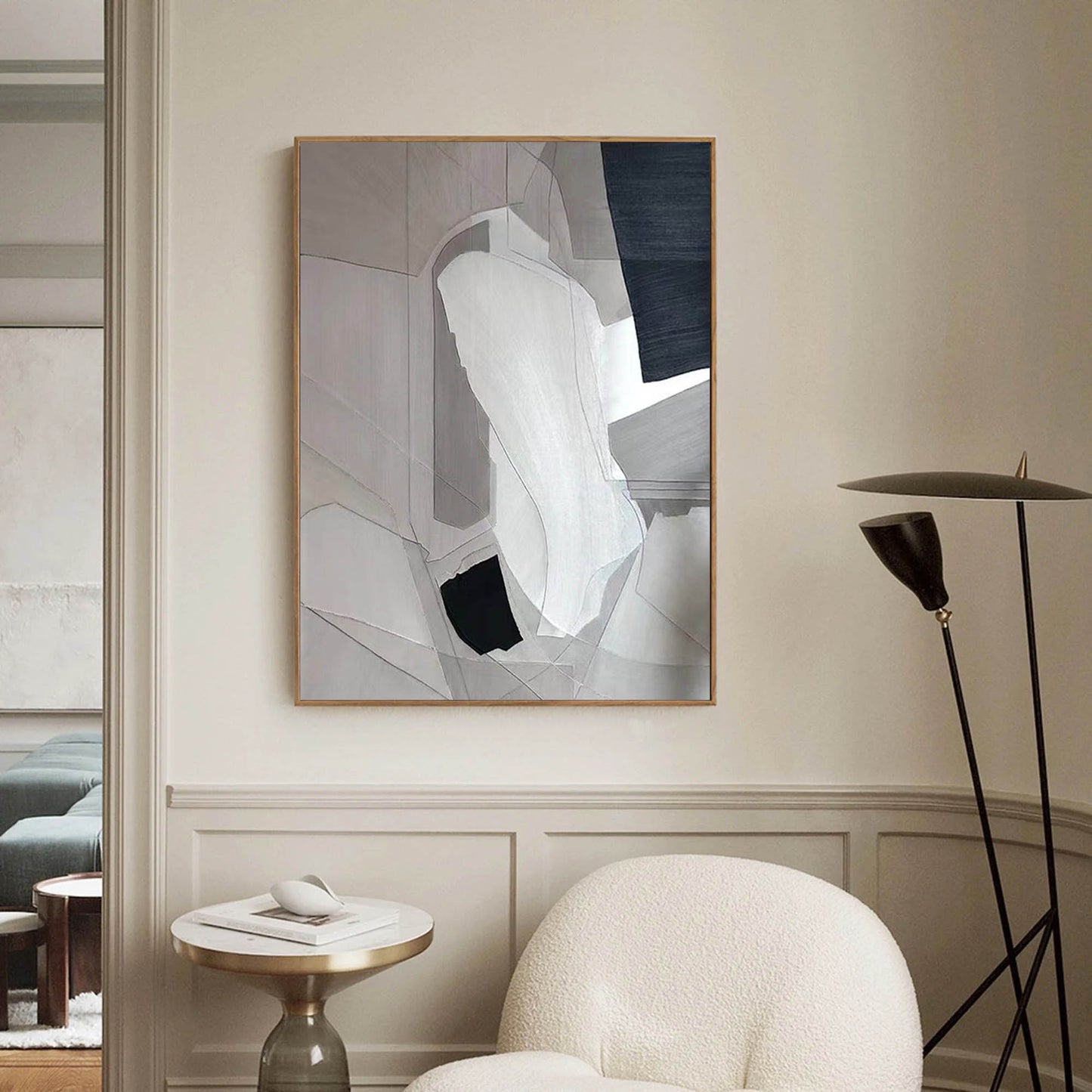 Modern Minimalist Geometric Oil Painting in Monochrome Tones