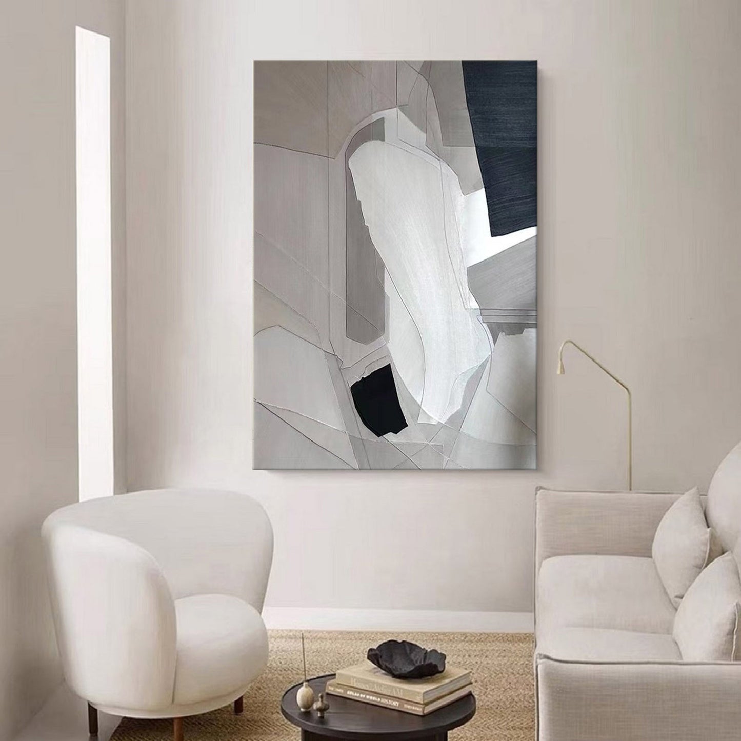 Modern Minimalist Geometric Oil Painting in Monochrome Tones