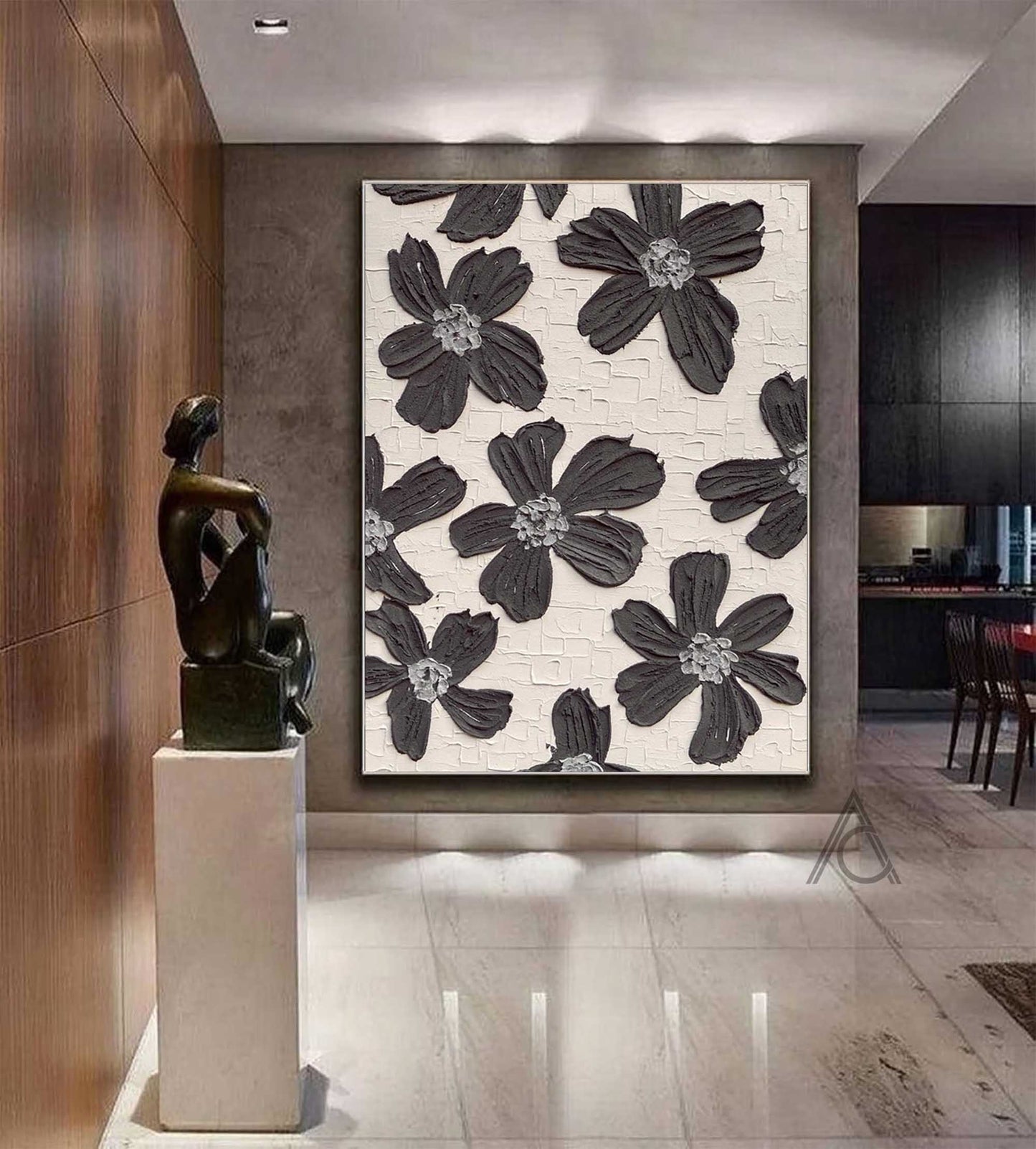 Elegant Black and White Floral Oil Painting for Modern Home Decor