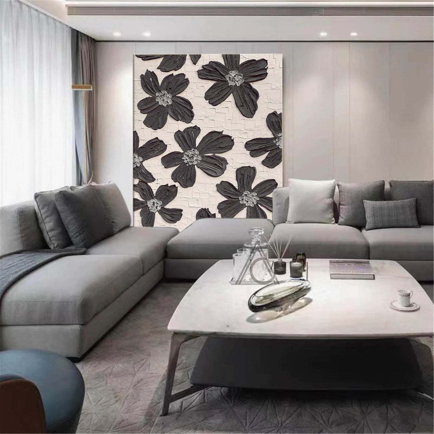 Elegant Black and White Floral Oil Painting for Modern Home Decor