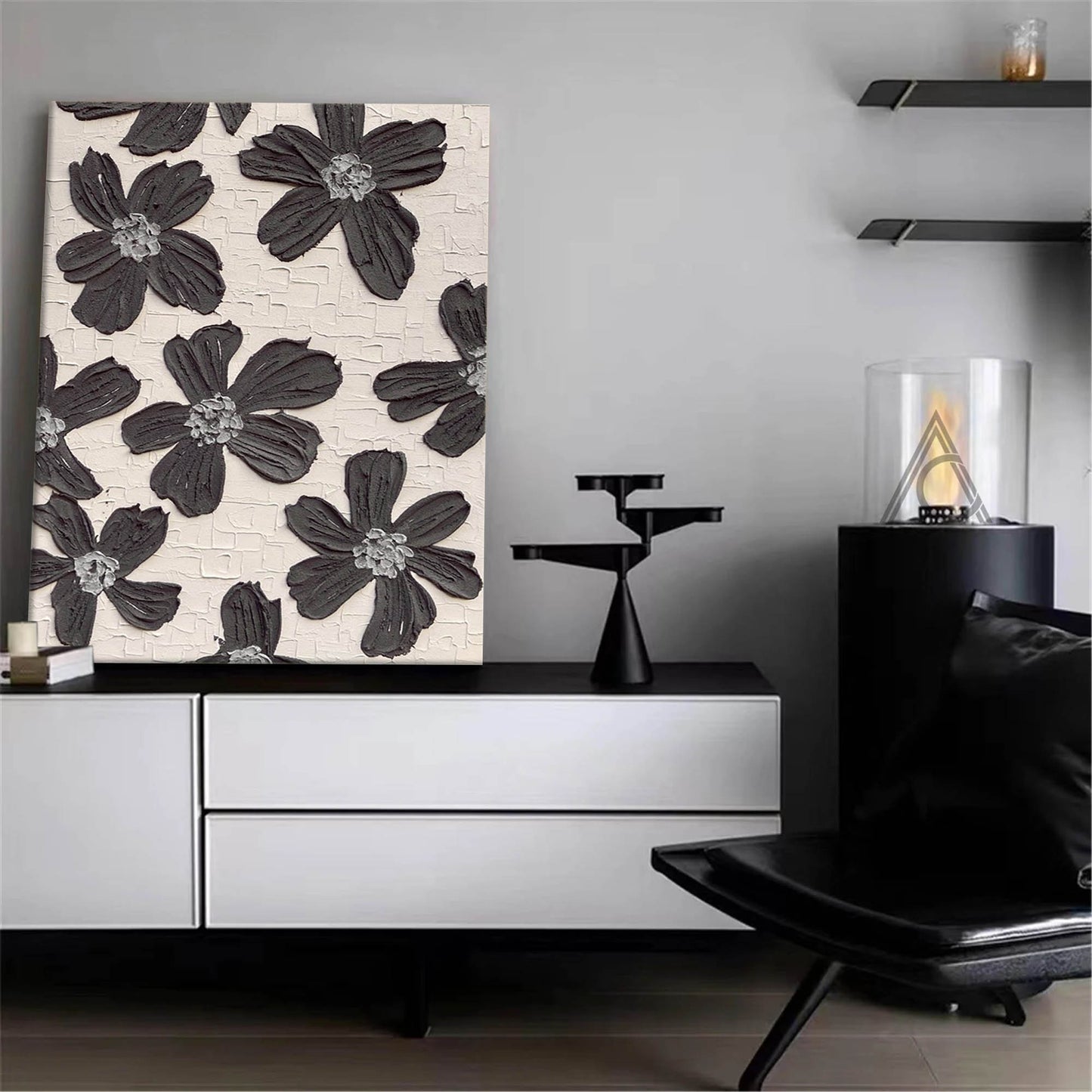 Elegant Black and White Floral Oil Painting for Modern Home Decor