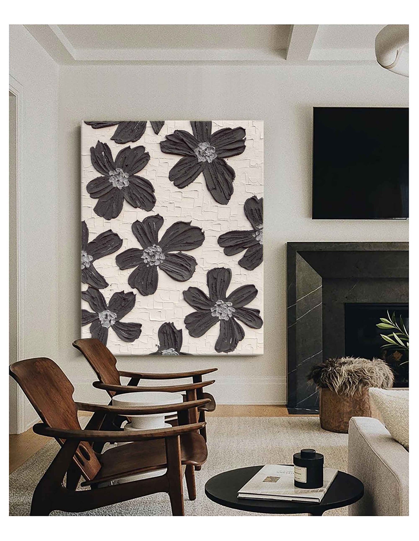 Elegant Black and White Floral Oil Painting for Modern Home Decor