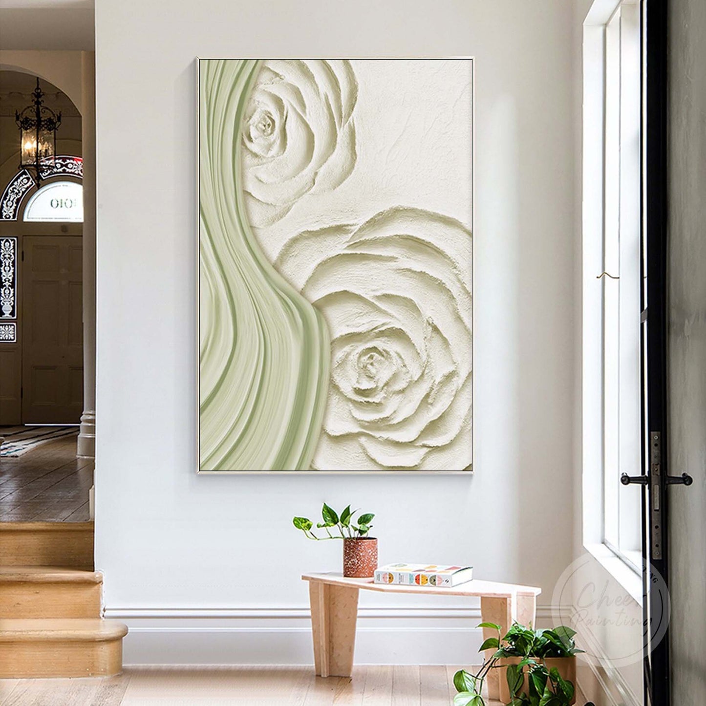 Elegant Minimalist Oil Painting of Soft Green Flowers for Home Decor