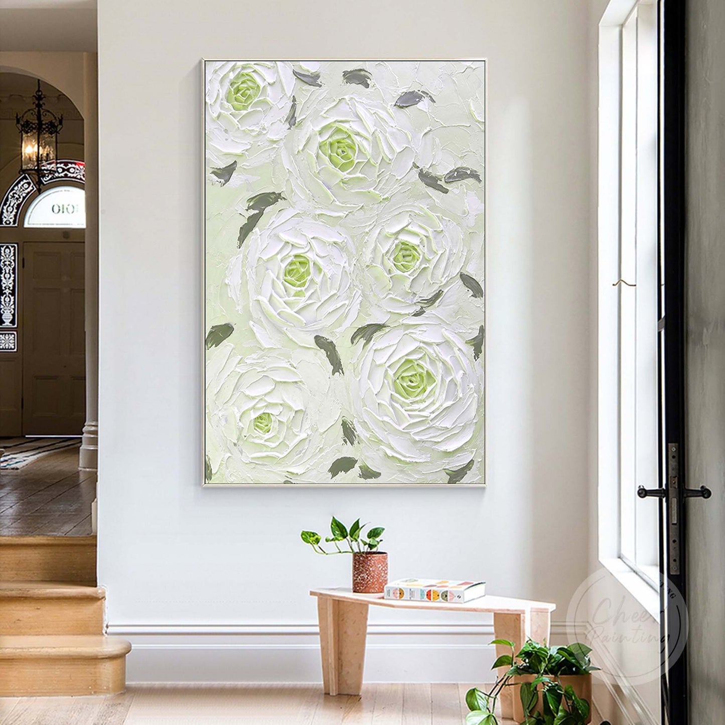 Elegant White Floral Oil Painting for Minimalist Home Decor