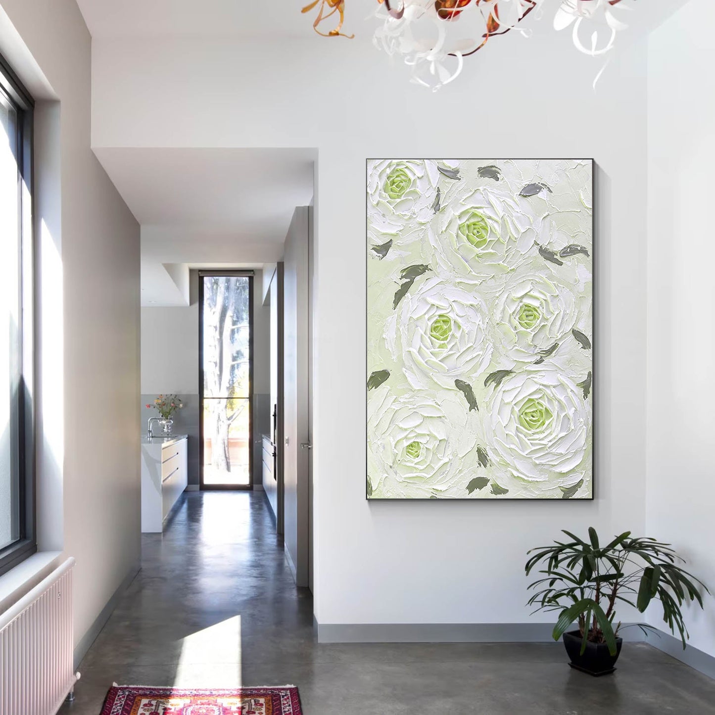Elegant White Floral Oil Painting for Minimalist Home Decor