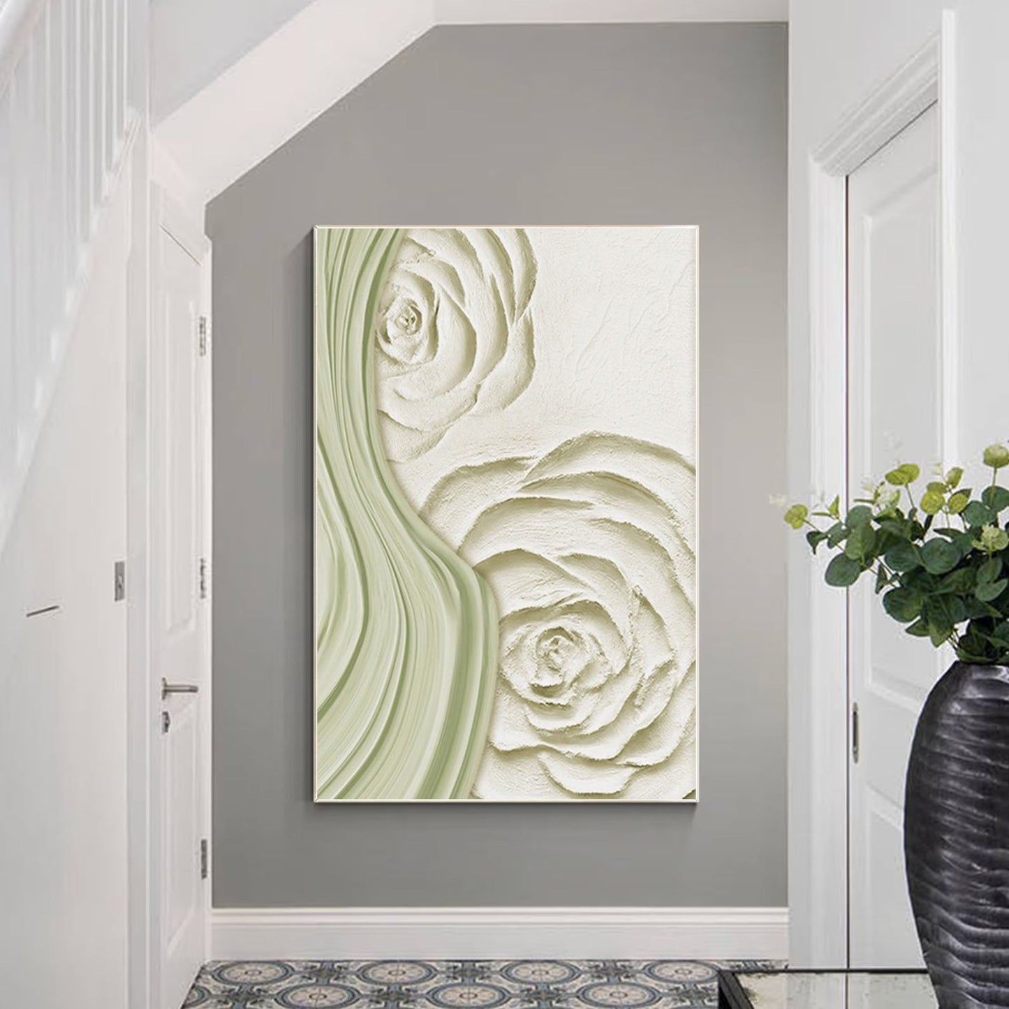 Elegant Minimalist Oil Painting of Soft Green Flowers for Home Decor