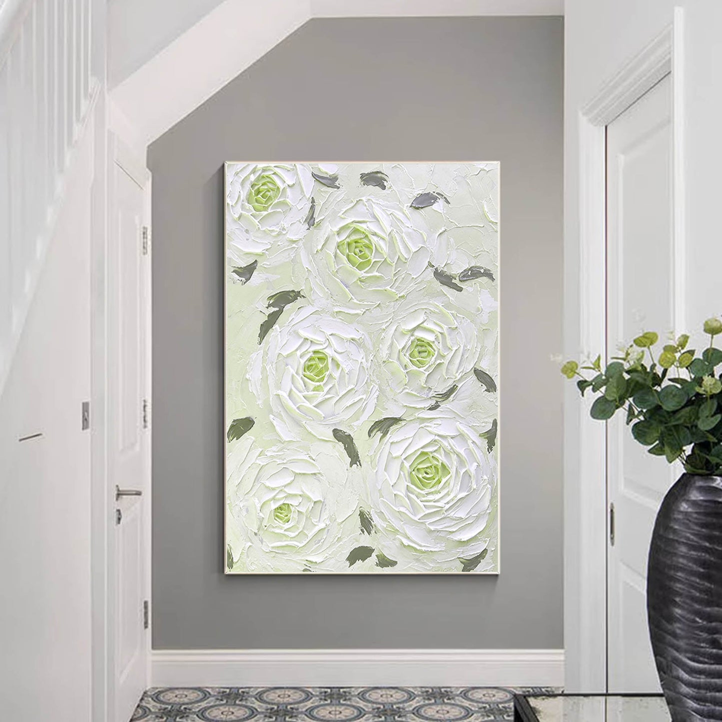 Elegant White Floral Oil Painting for Minimalist Home Decor