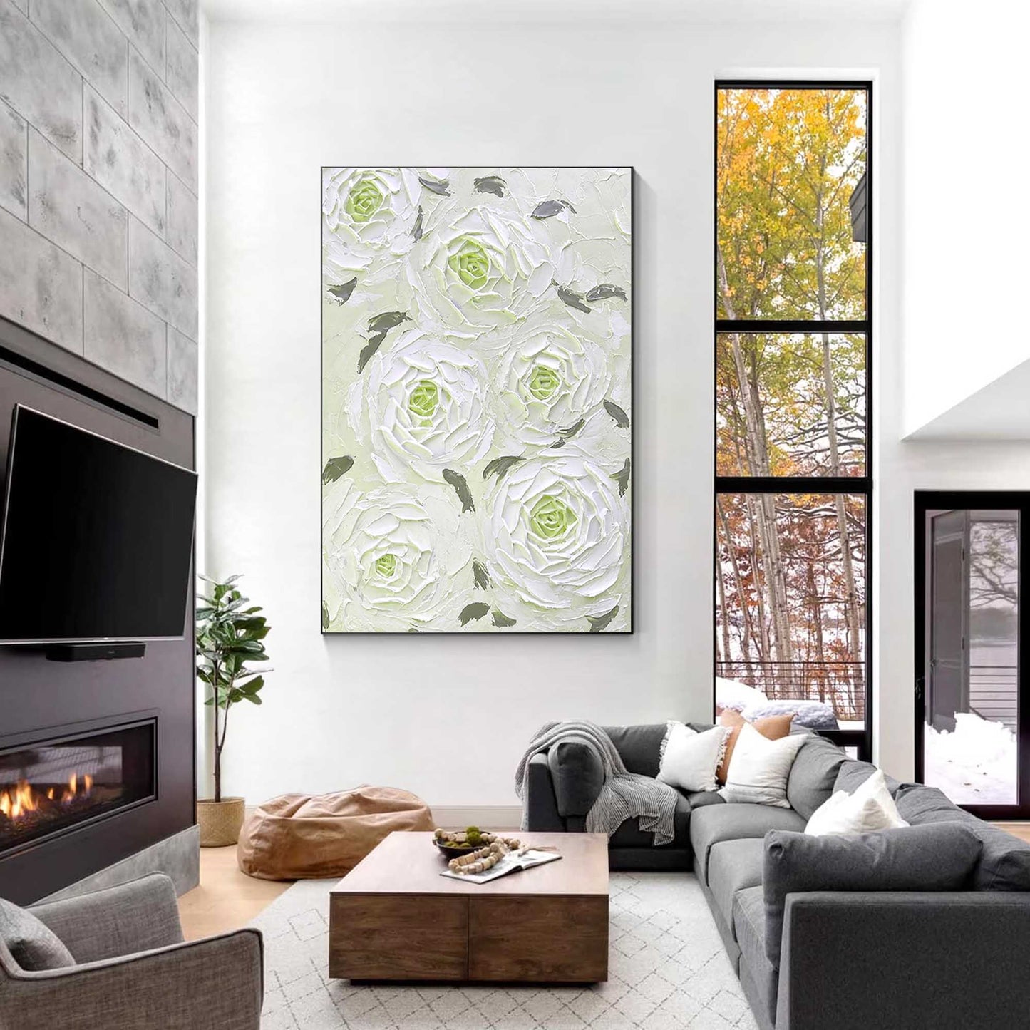 Elegant White Floral Oil Painting for Minimalist Home Decor