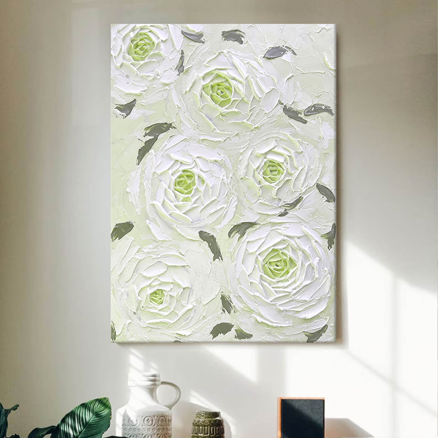 Elegant White Floral Oil Painting for Minimalist Home Decor