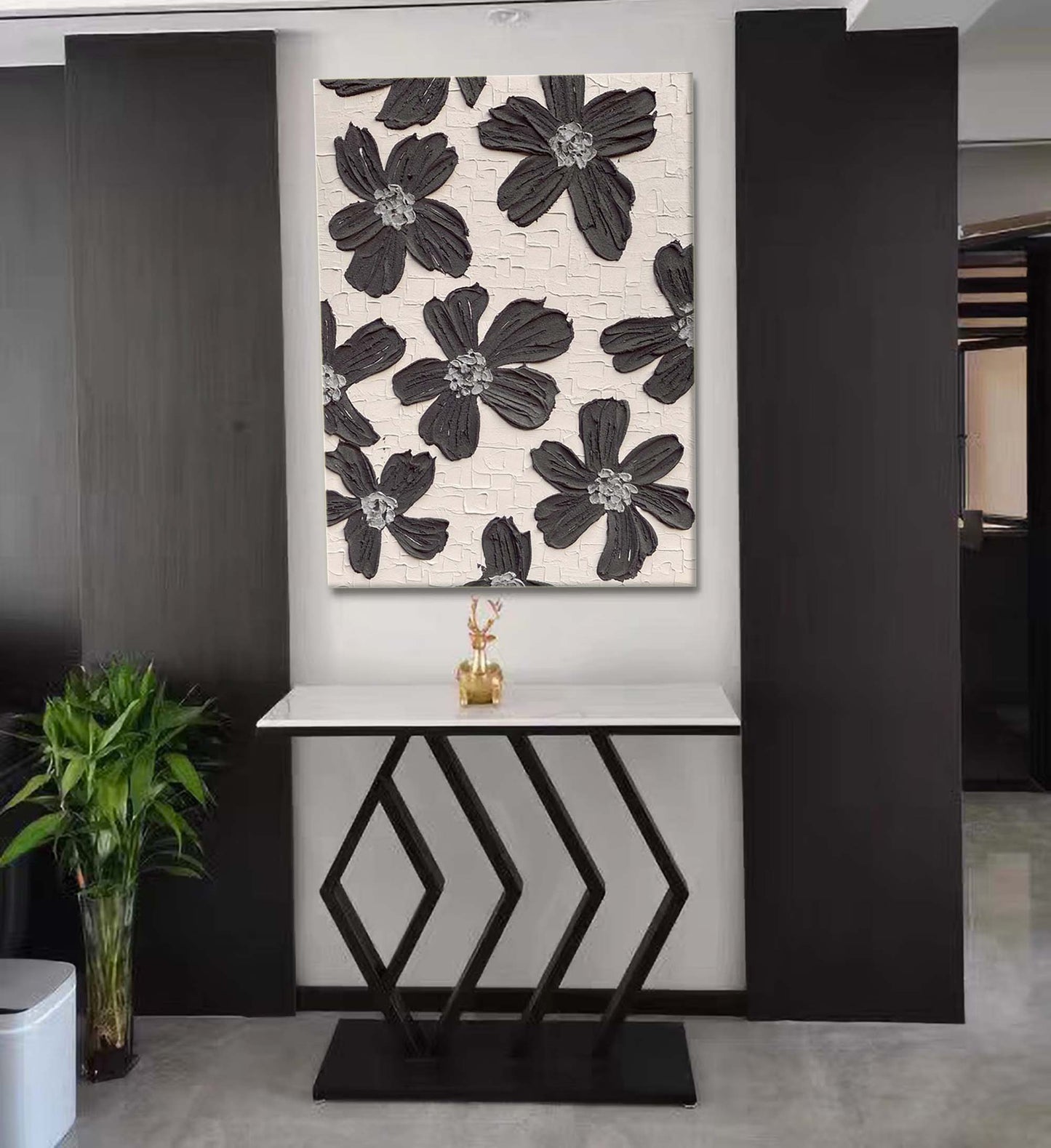 Elegant Black and White Floral Oil Painting for Modern Home Decor