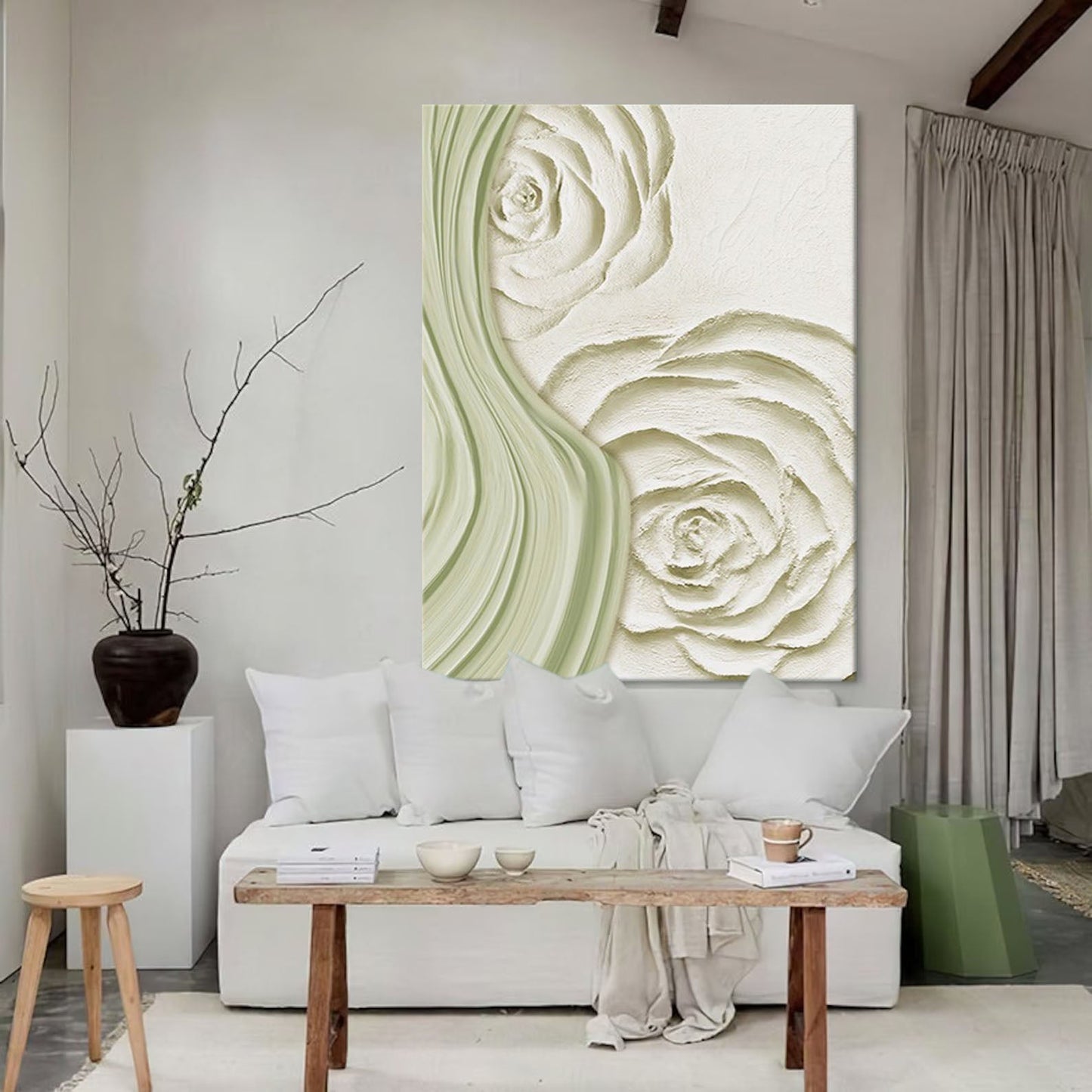 Elegant Minimalist Oil Painting of Soft Green Flowers for Home Decor