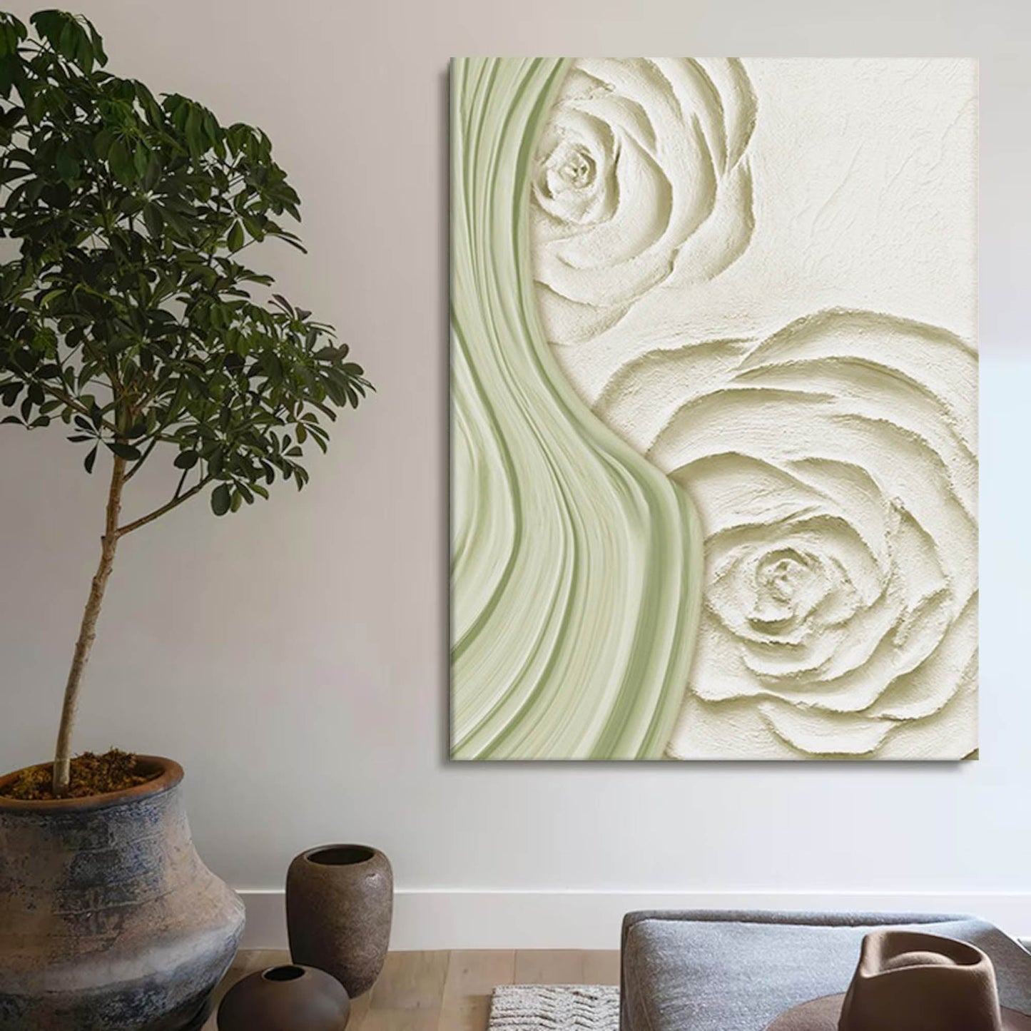 Elegant Minimalist Oil Painting of Soft Green Flowers for Home Decor
