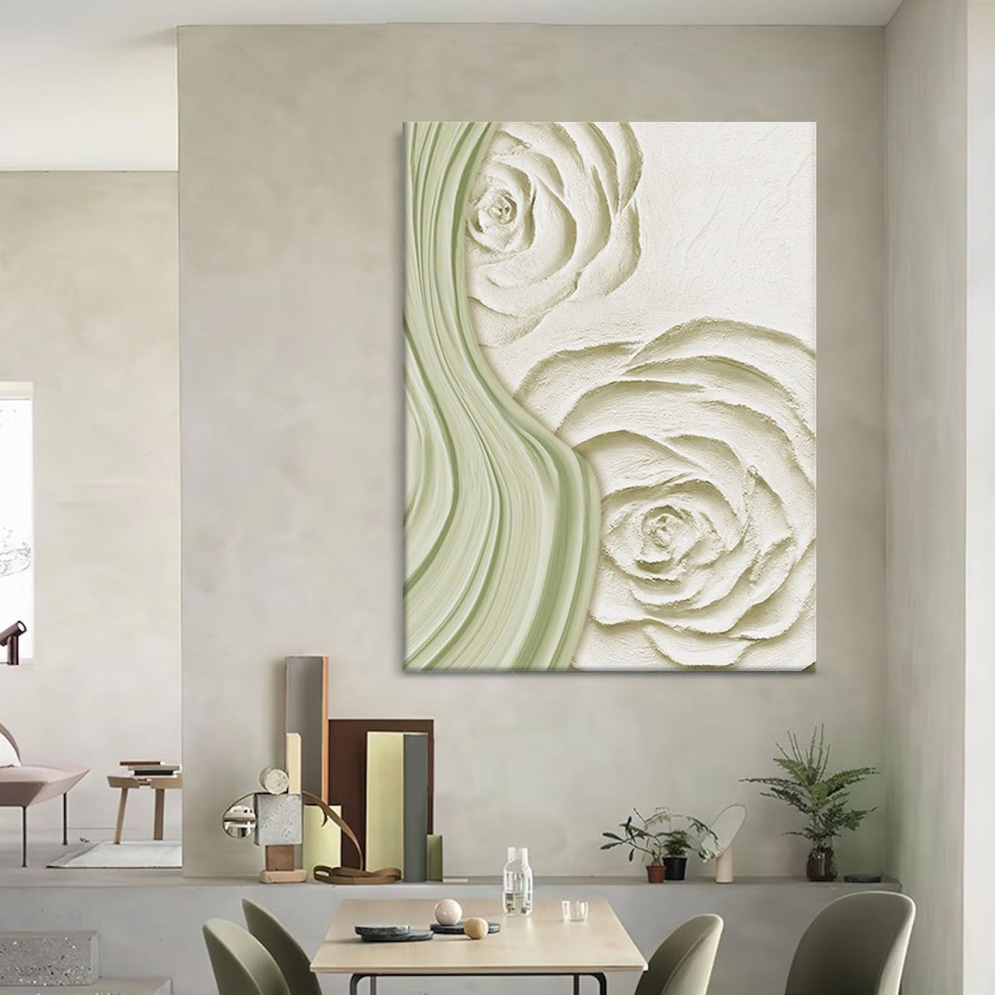 Elegant Minimalist Oil Painting of Soft Green Flowers for Home Decor