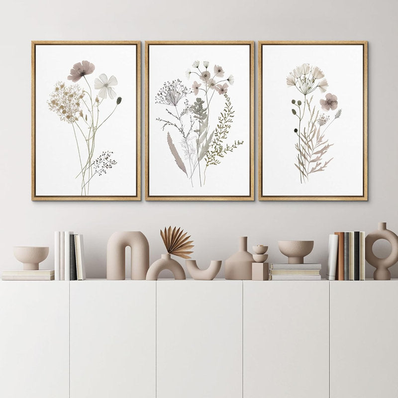 Framed Botanical Wildflower Triptych Art - Neutral Minimalist Canvas Decor