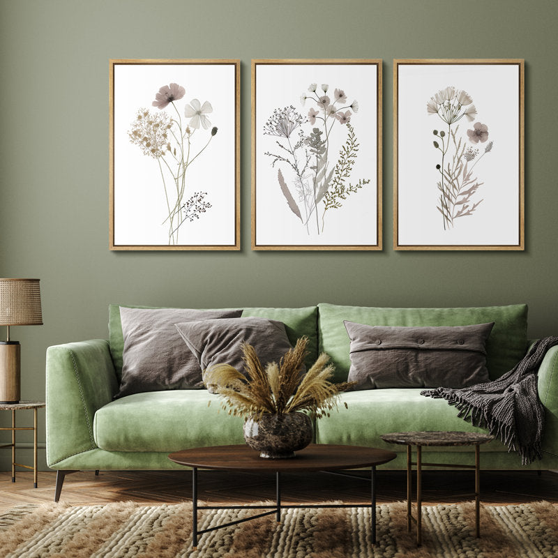 Framed Botanical Wildflower Triptych Art - Neutral Minimalist Canvas Decor