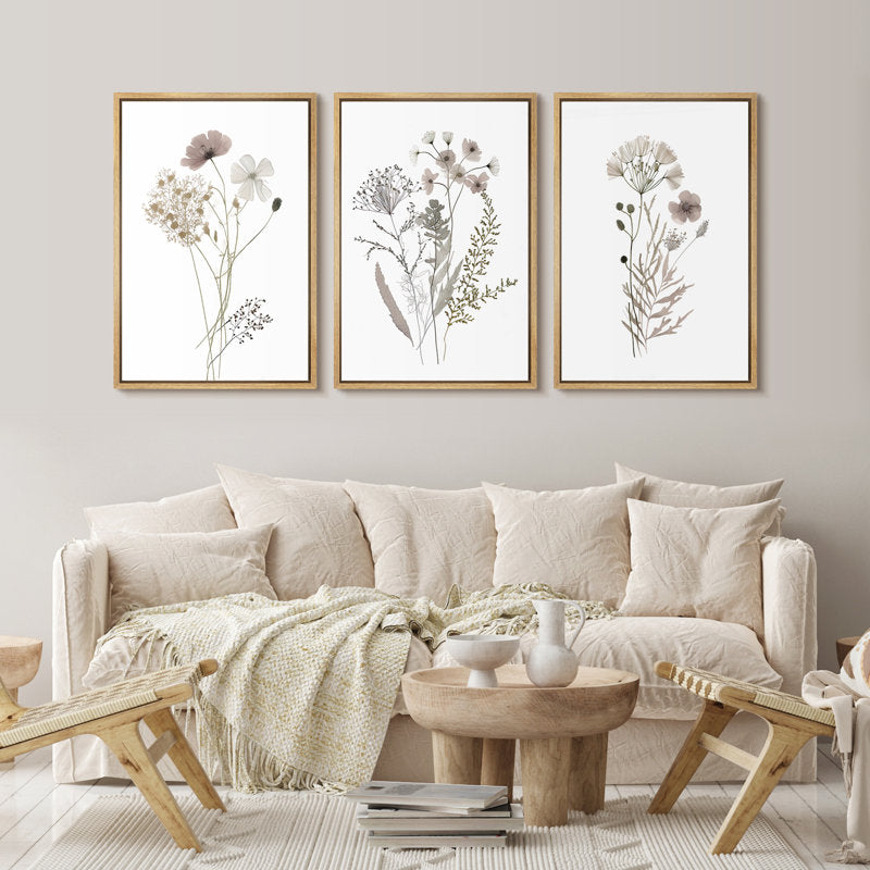 Framed Botanical Wildflower Triptych Art - Neutral Minimalist Canvas Decor