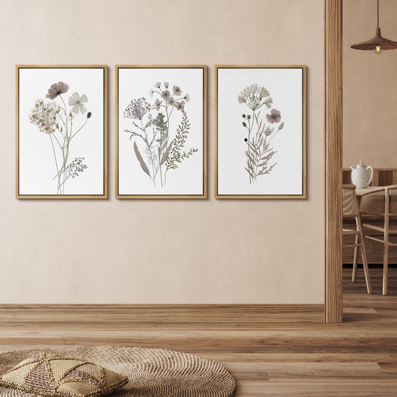 Framed Botanical Wildflower Triptych Art - Neutral Minimalist Canvas Decor