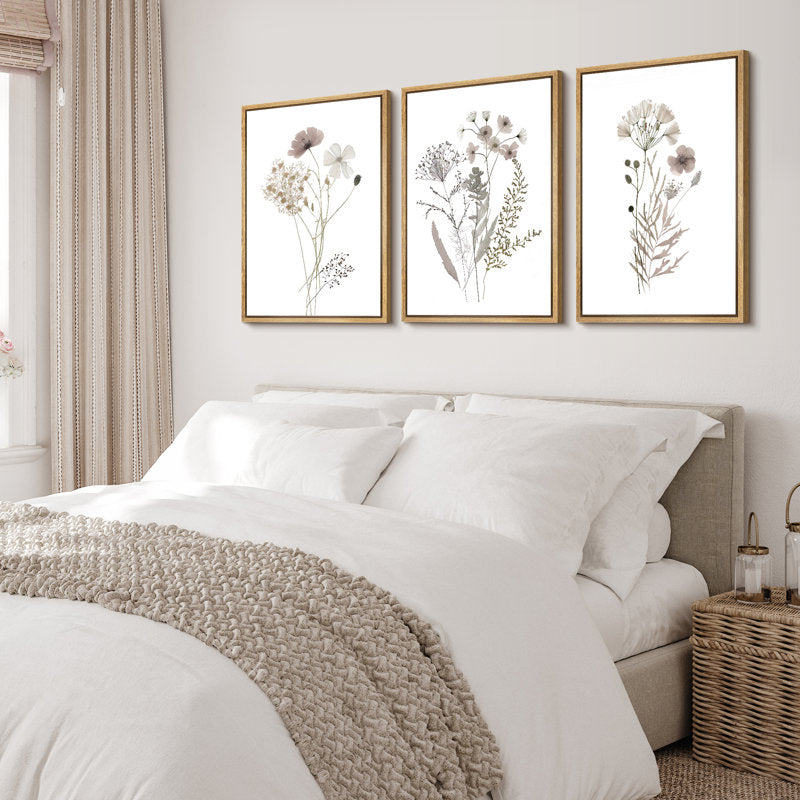 Framed Botanical Wildflower Triptych Art - Neutral Minimalist Canvas Decor