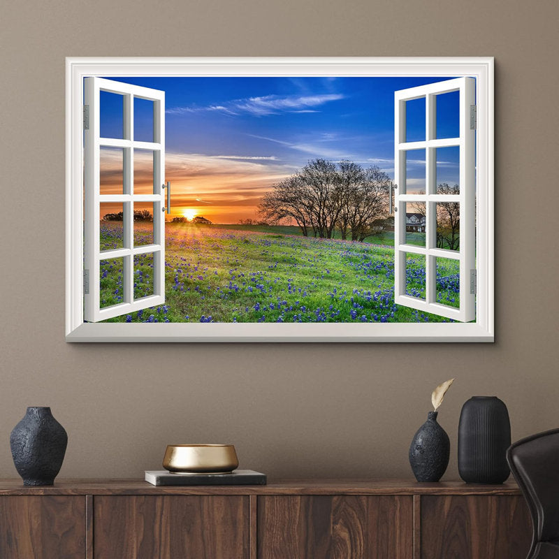 Sunrise View Through Window with Wildflowers in Spring Field - Canvas Wall Art